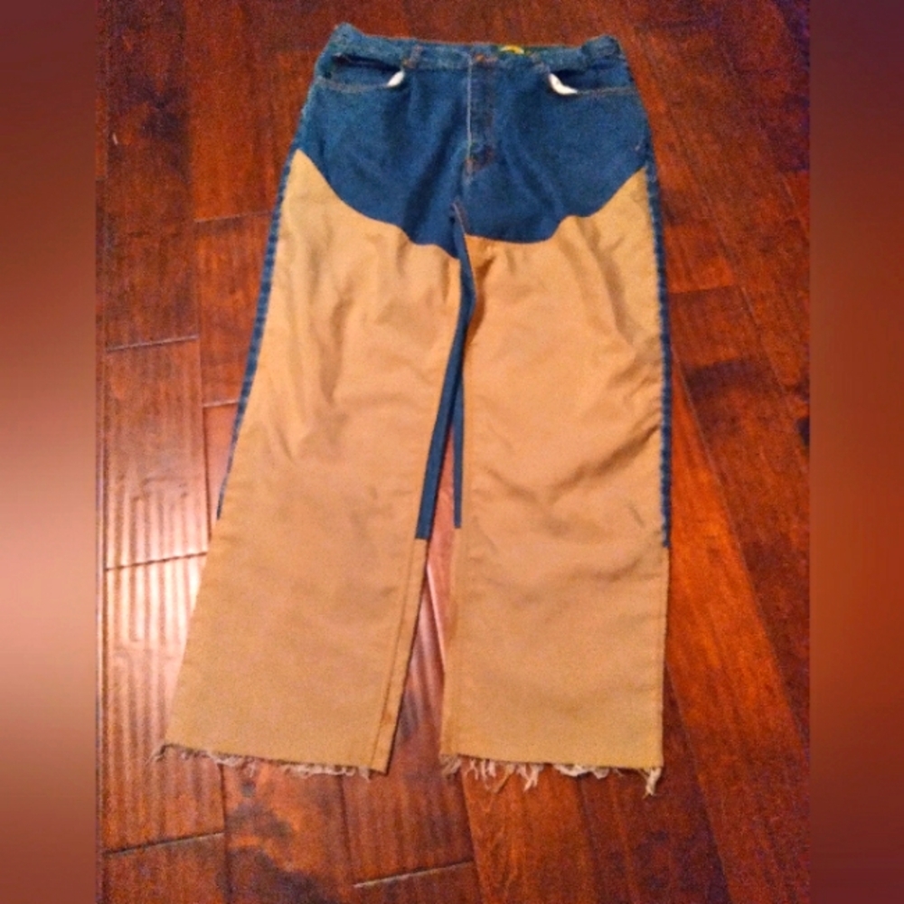 Unique Two-Tone Denim & Canvas Wide-Leg Jeans Distressed Raw Hem Statement Pants